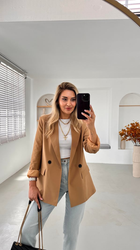 Premium Seri İki Düğme Astarlı Camel Blazer Ceket