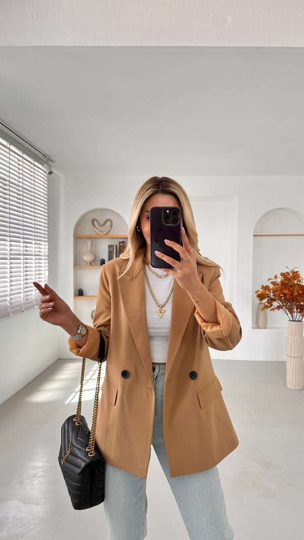 Premium Seri İki Düğme Astarlı Camel Blazer Ceket