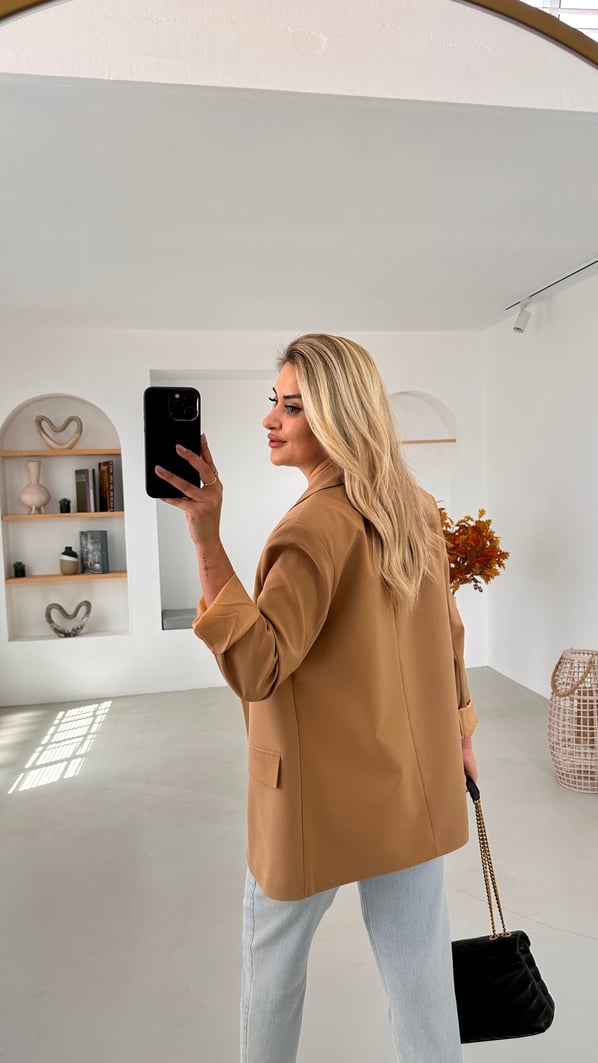 Premium Seri İki Düğme Astarlı Camel Blazer Ceket