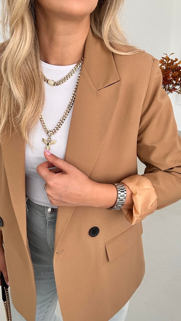 Premium Seri İki Düğme Astarlı Camel Blazer Ceket