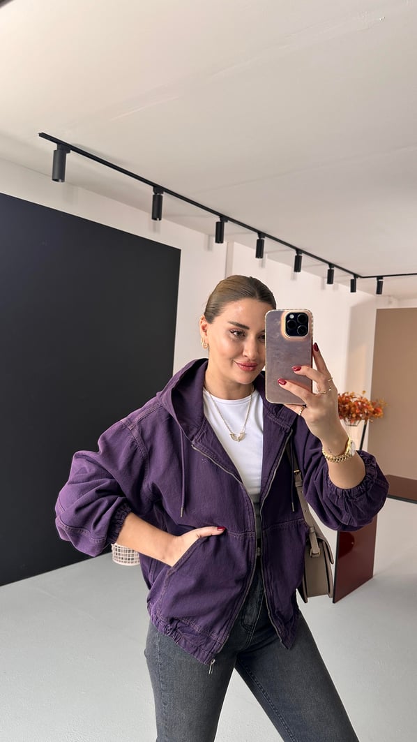 Premium Seri Kapüşonlu Mor Oversize Denim Sweat