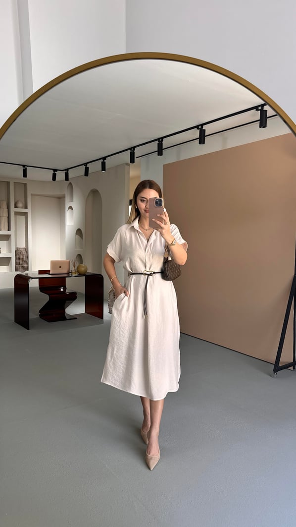 Premium Seri Kemerli Yırtmaç Detay Tensel Modal Taş Elbise