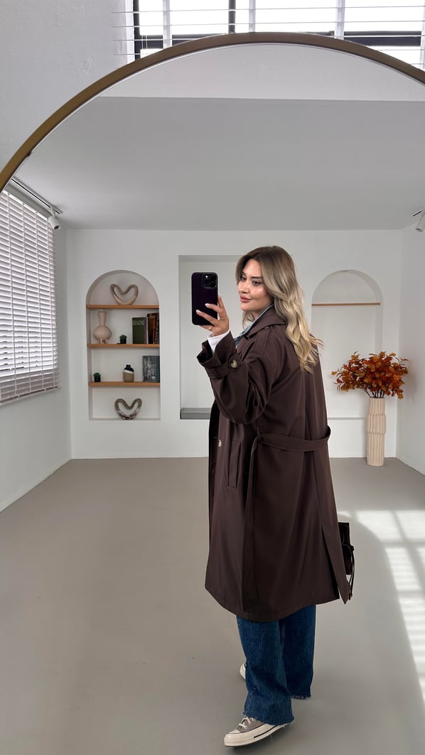 Premium Seri Kemik Düğme Detay Acı Kahve Trençkot