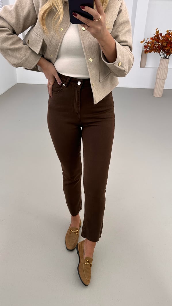 Premium Seri Kesik Paça Likralı Acı Kahve Boyfit Jean