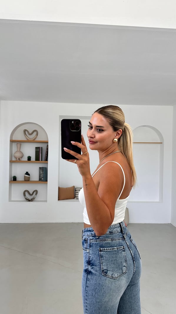 Premium Seri Kesik Paça Likralı Mavi Boyfit Jean