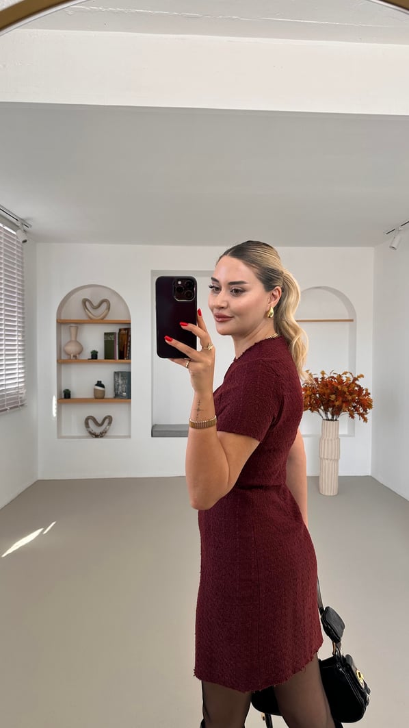 Premium Seri Kısa Kol Bordo Tüvit Elbise