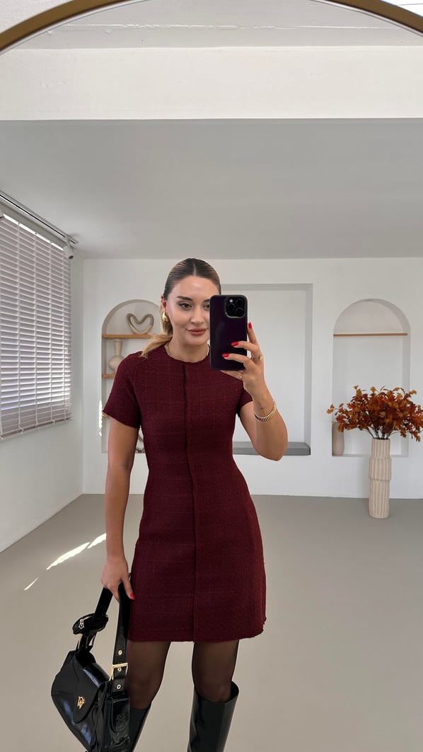 Premium Seri Kısa Kol Bordo Tüvit Elbise