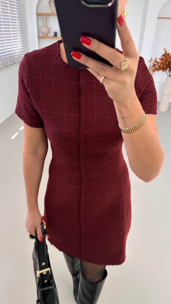 Premium Seri Kısa Kol Bordo Tüvit Elbise