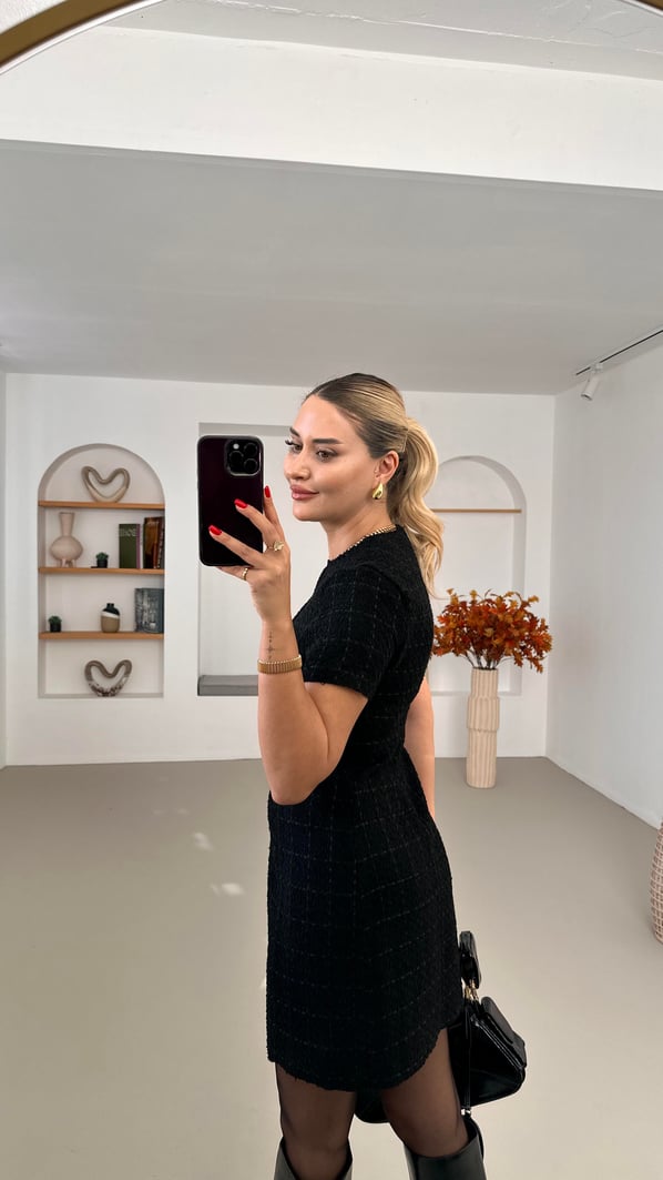 Premium Seri Kısa Kol Siyah Tüvit Elbise