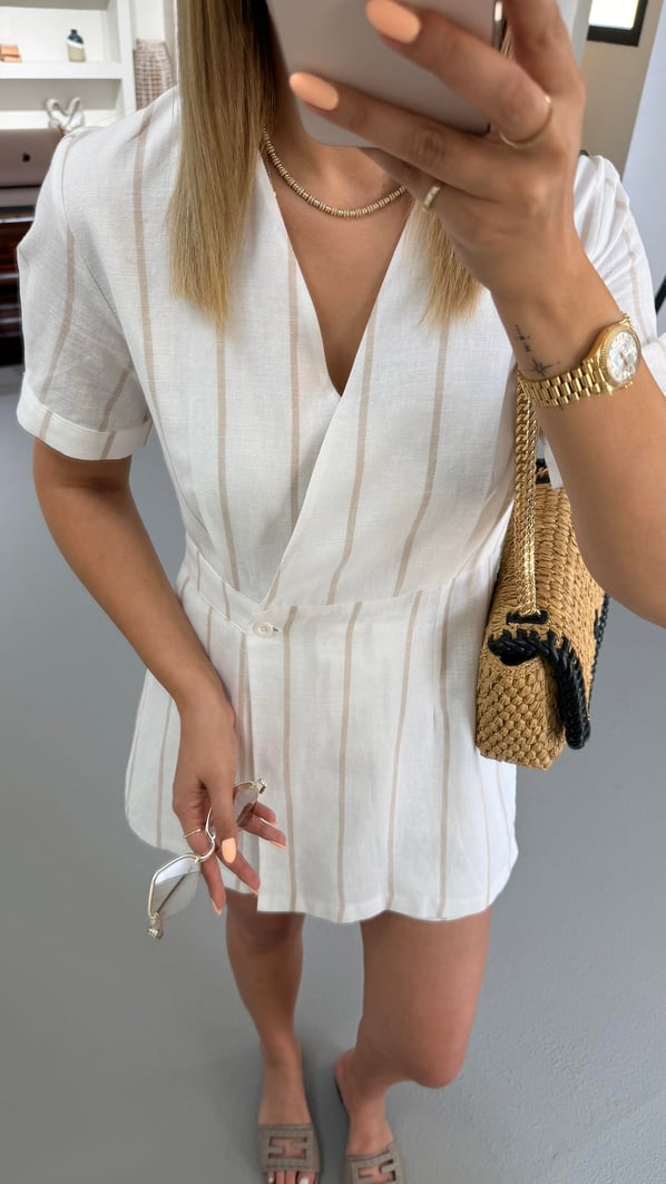 Premium Seri Kruvaze Yaka Natural Çizgili Ekru Keten Şort Tulum