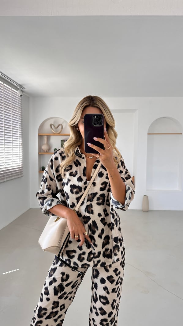 Premium Seri Leopar Desen Gömlek Pantolon Takım