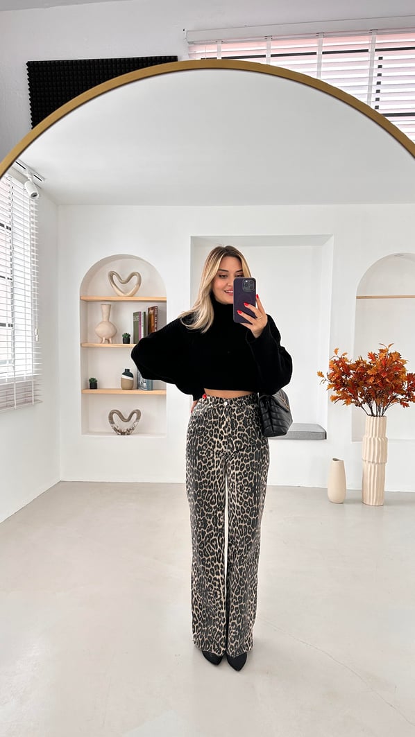 Premium Seri Leopar Desen Straight Jean Pantolon