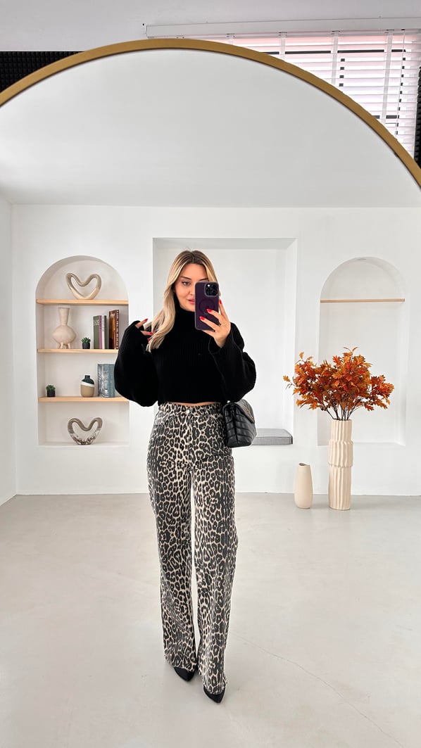 Premium Seri Leopar Desen Straight Jean Pantolon