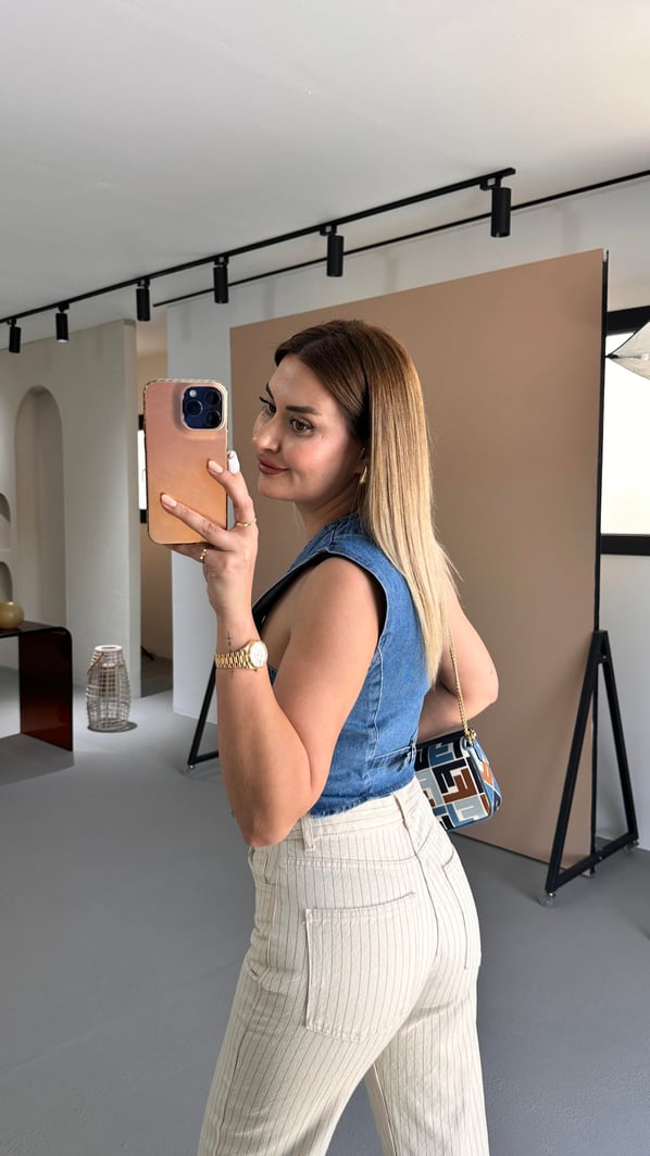 Premium Seri Mavi Çizgili Krem Straight Fit Jean