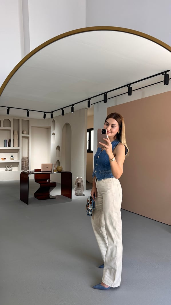 Premium Seri Mavi Çizgili Krem Straight Fit Jean