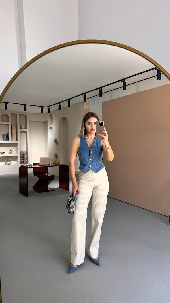 Premium Seri Mavi Çizgili Krem Straight Fit Jean