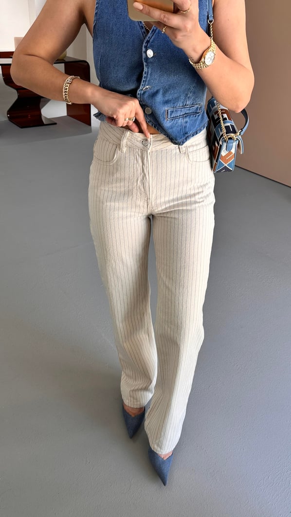 Premium Seri Mavi Çizgili Krem Straight Fit Jean