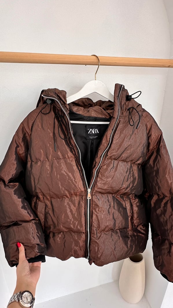 Premium Seri Metalik Acı Kahve Kapuşonlu Şişme Mont