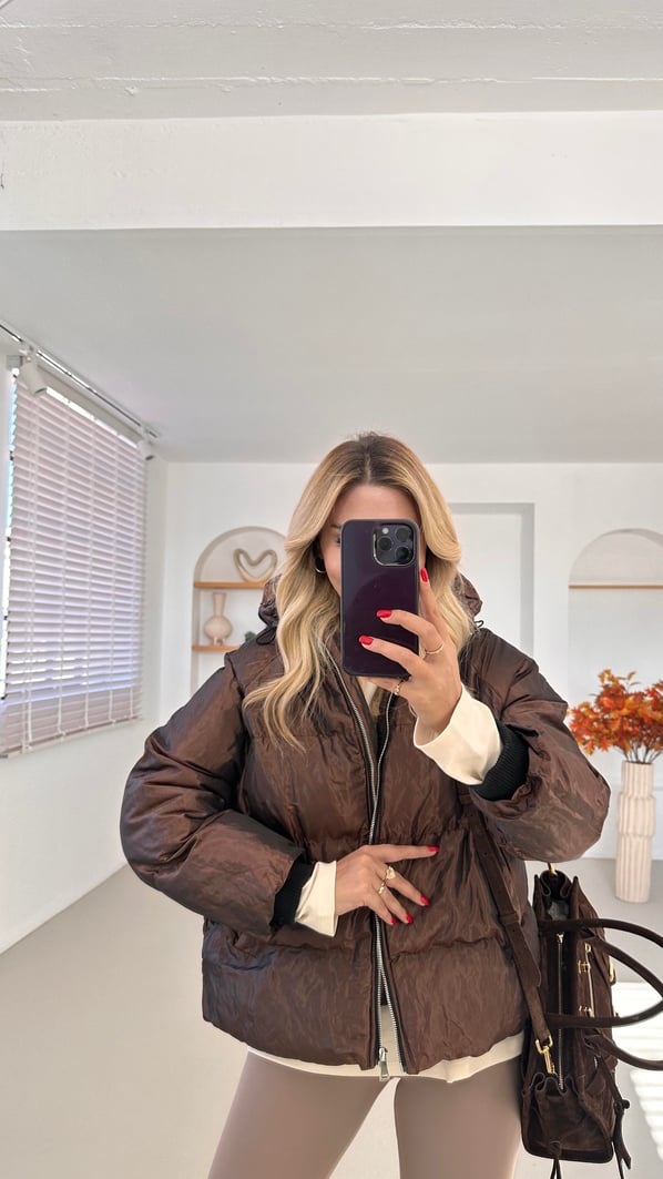 Premium Seri Metalik Acı Kahve Kapuşonlu Şişme Mont