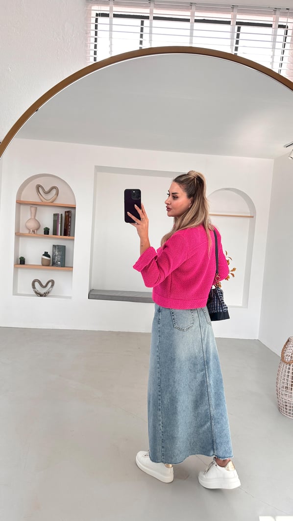 Premium Seri Önden Yırtmaçlı Maxi Denim Etek