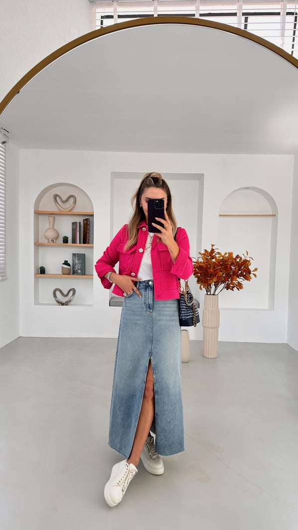 Premium Seri Önden Yırtmaçlı Maxi Denim Etek