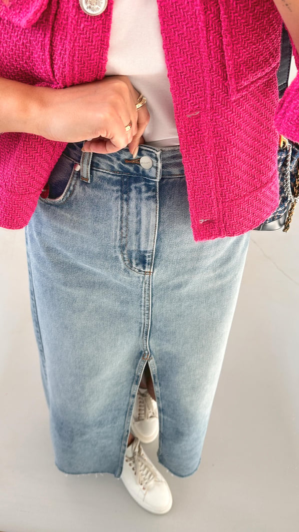 Premium Seri Önden Yırtmaçlı Maxi Denim Etek
