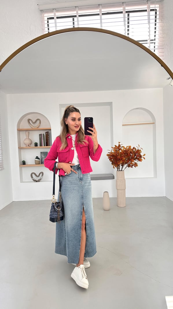 Premium Seri Önden Yırtmaçlı Maxi Denim Etek