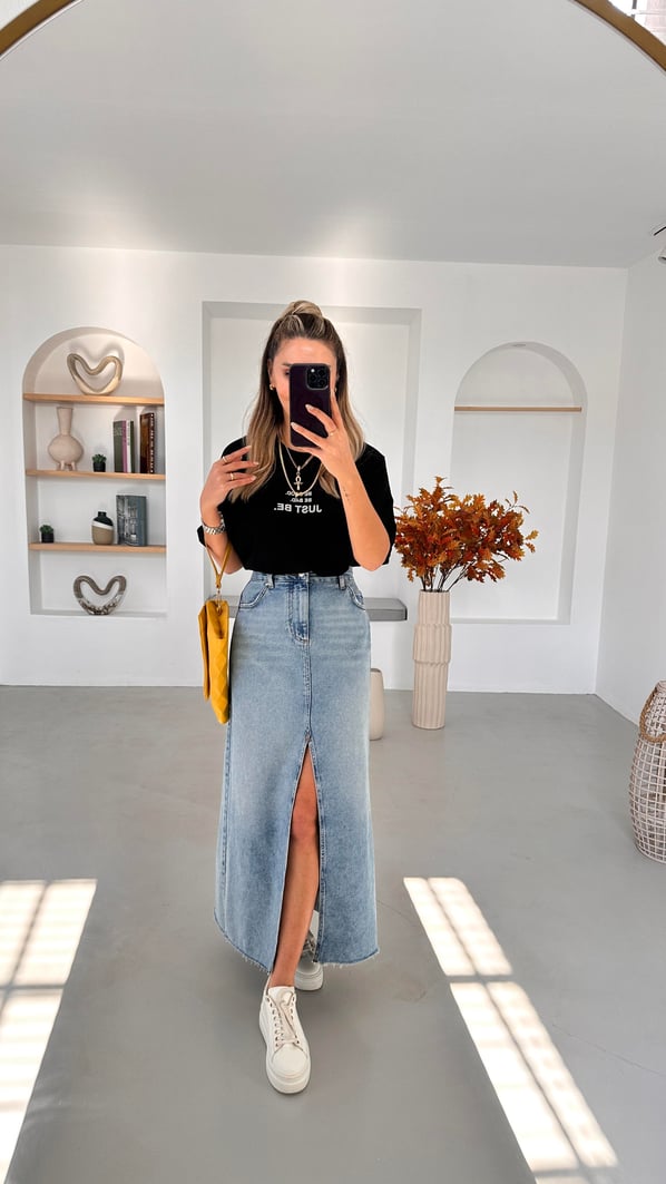 Premium Seri Önden Yırtmaçlı Maxi Denim Etek