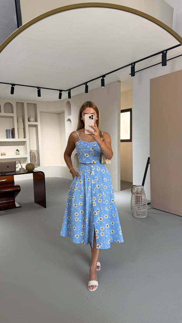 Premium Seri Papatya Desen Mavi Poplin Takım