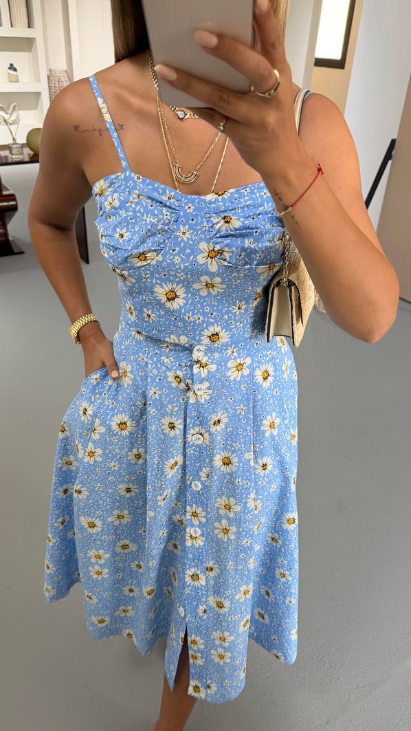 Premium Seri Papatya Desen Mavi Poplin Takım