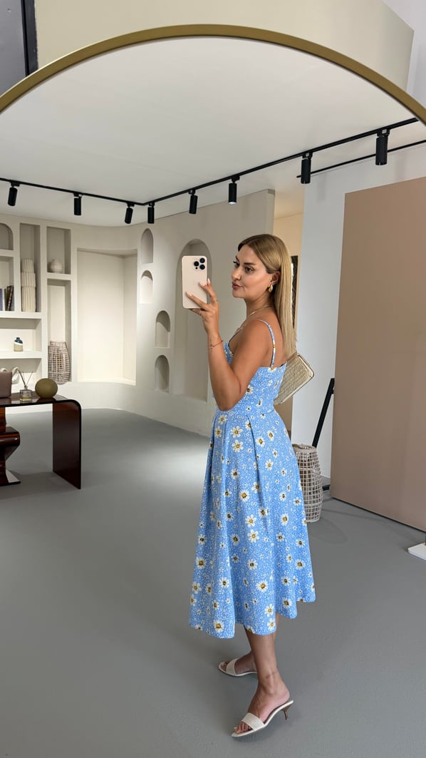 Premium Seri Papatya Desen Mavi Poplin Takım