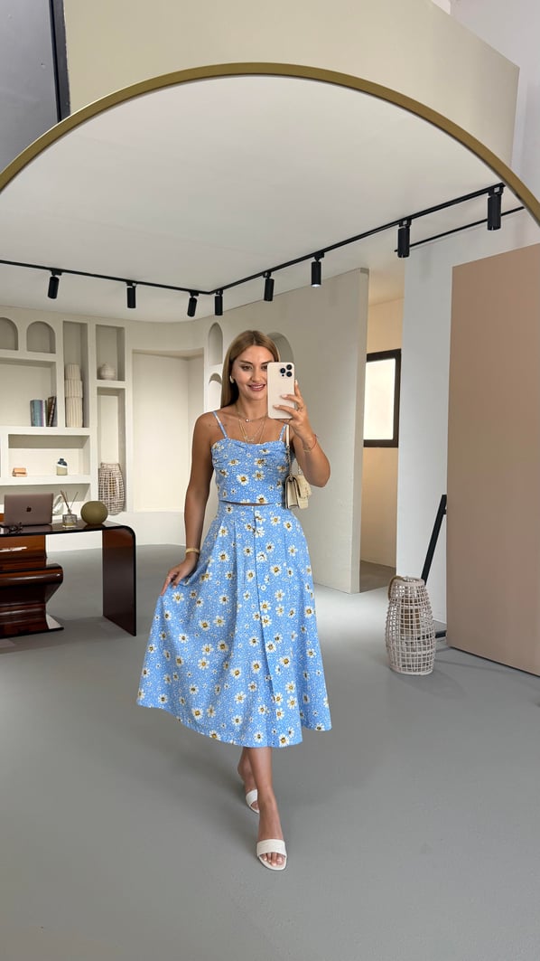 Premium Seri Papatya Desen Mavi Poplin Takım