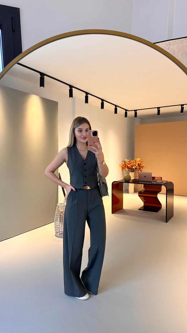 Premium Seri Pilise Detay Haki Palazzo Pantolon