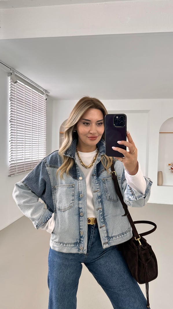 Premium Seri Renk Bloklu Cep Detay Denim Ceket