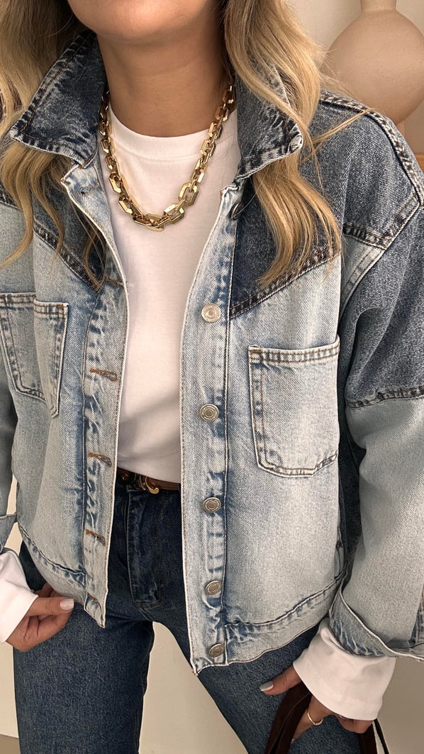 Premium Seri Renk Bloklu Cep Detay Denim Ceket