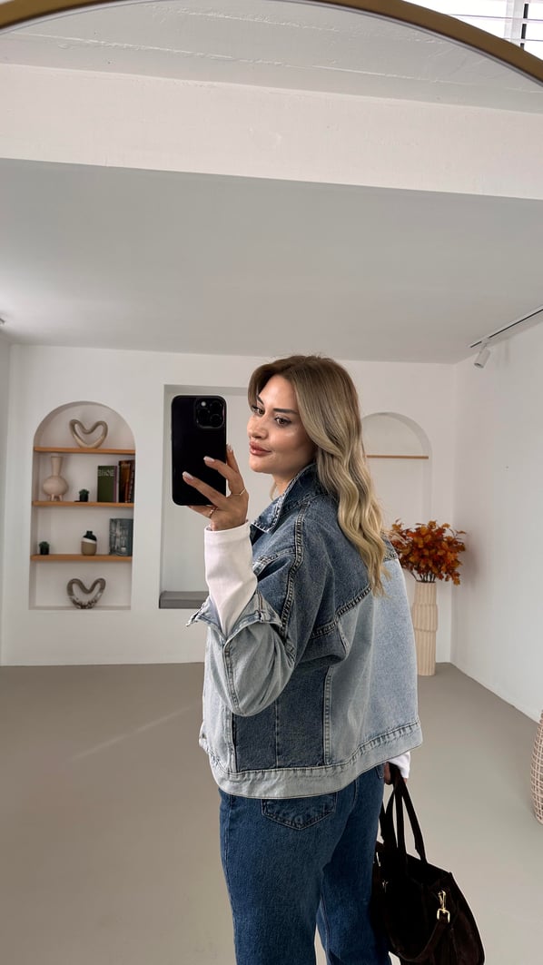 Premium Seri Renk Bloklu Cep Detay Denim Ceket
