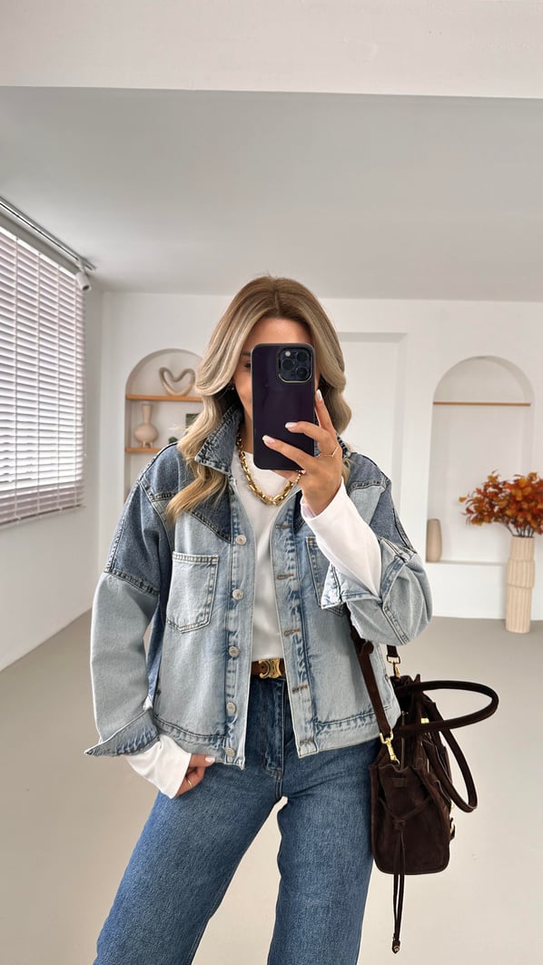 Premium Seri Renk Bloklu Cep Detay Denim Ceket