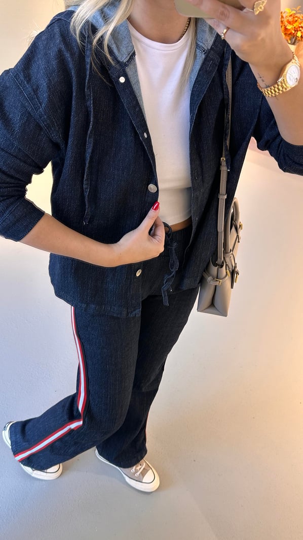 Premium Seri Şerit Detay Likralı Lacivert Denim Takım