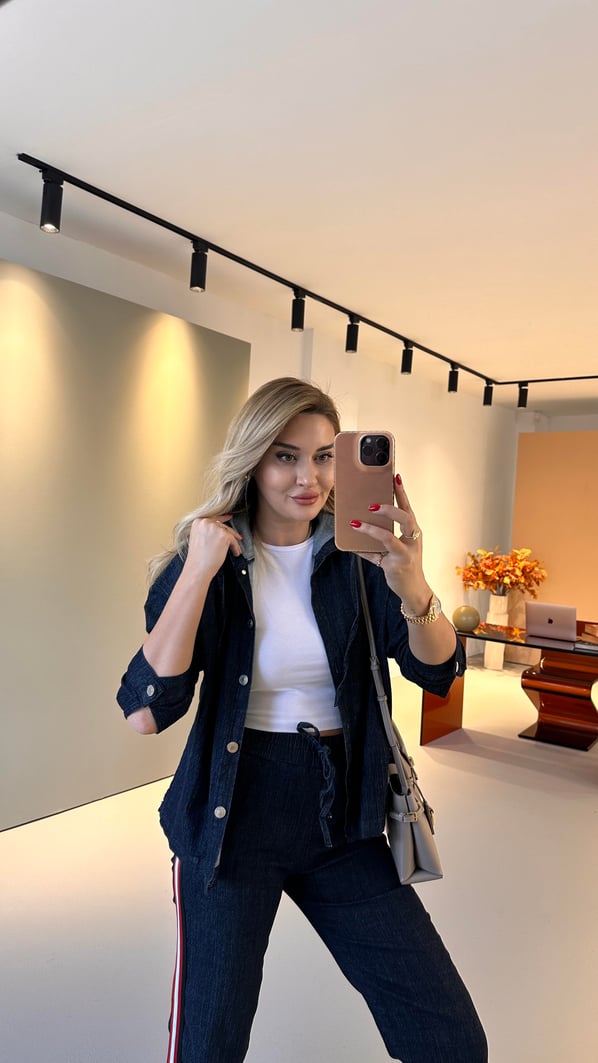 Premium Seri Şerit Detay Likralı Lacivert Denim Takım