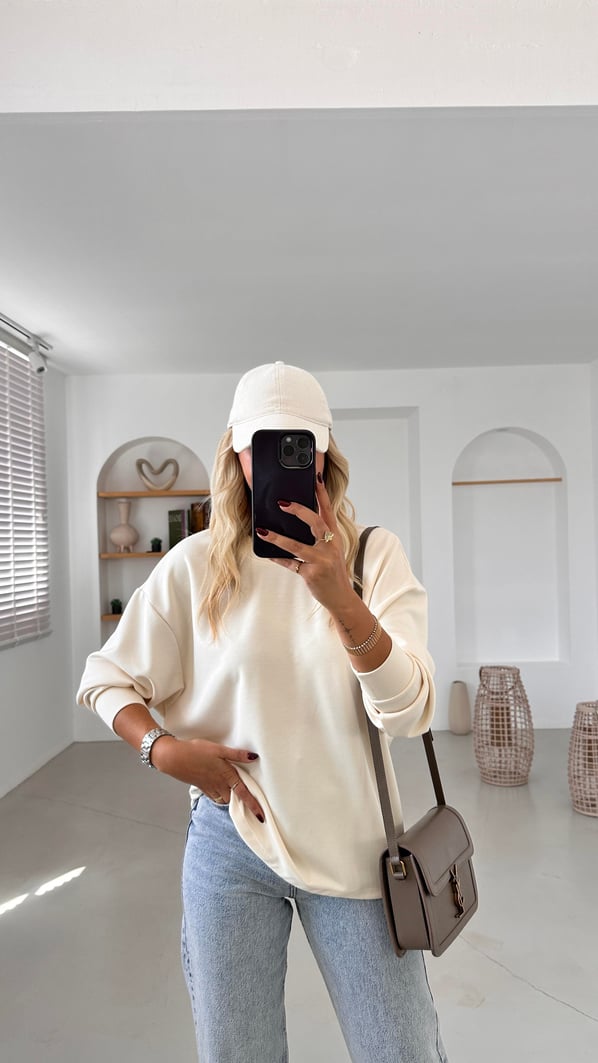 Premium Seri Sırt Dekolte Detay Vanilya Modal Sweat
