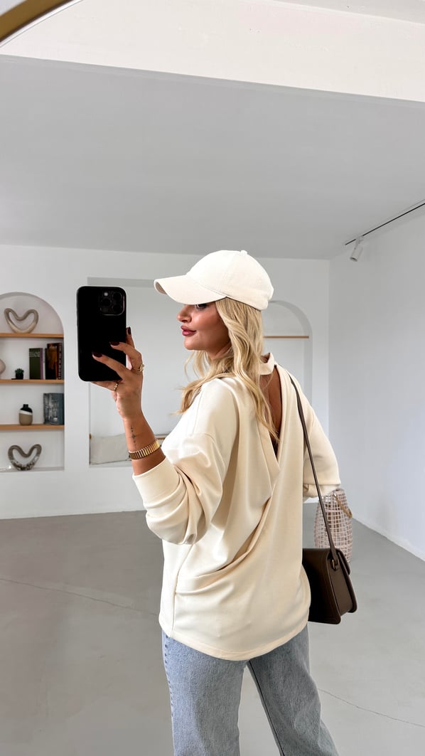 Premium Seri Sırt Dekolte Detay Vanilya Modal Sweat