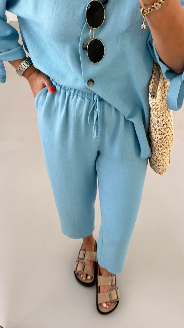 Premium Seri Slouchy Pantolon Gömlek Turkuaz Keten Takım
