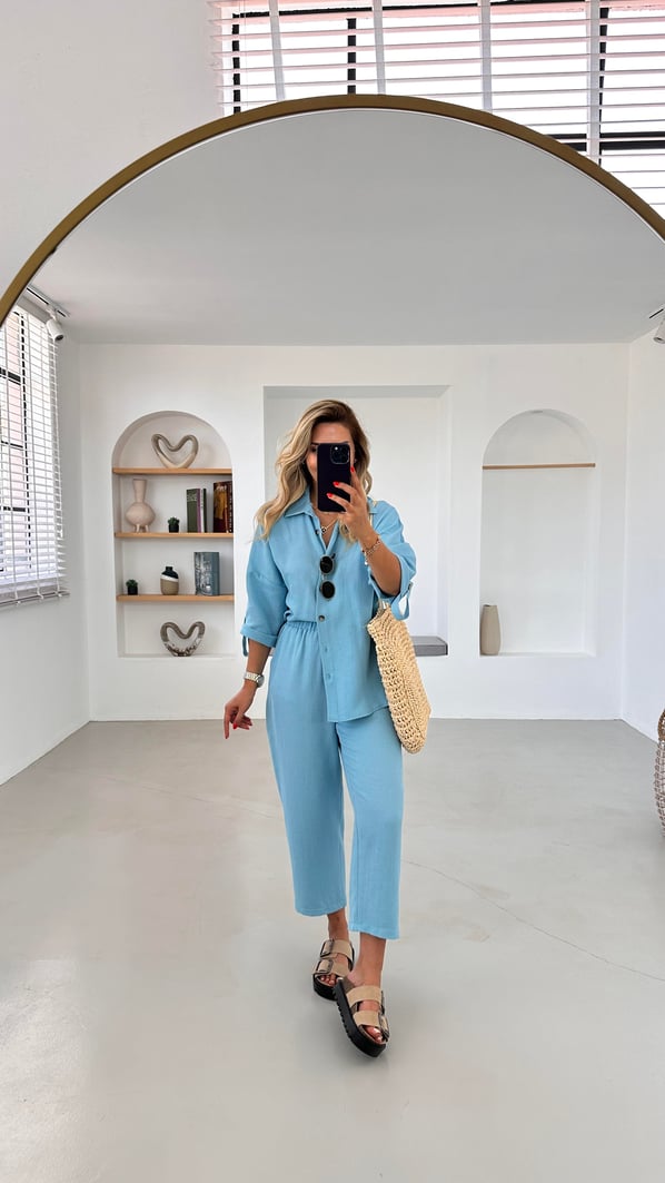Premium Seri Slouchy Pantolon Gömlek Turkuaz Keten Takım