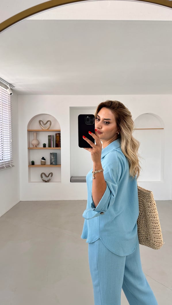 Premium Seri Slouchy Pantolon Gömlek Turkuaz Keten Takım