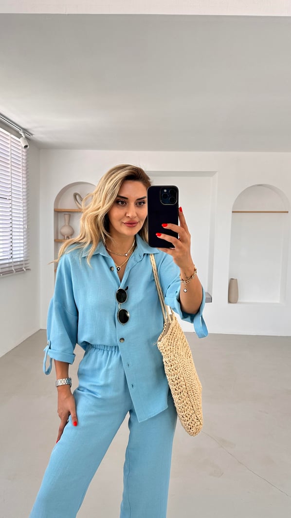Premium Seri Slouchy Pantolon Gömlek Turkuaz Keten Takım