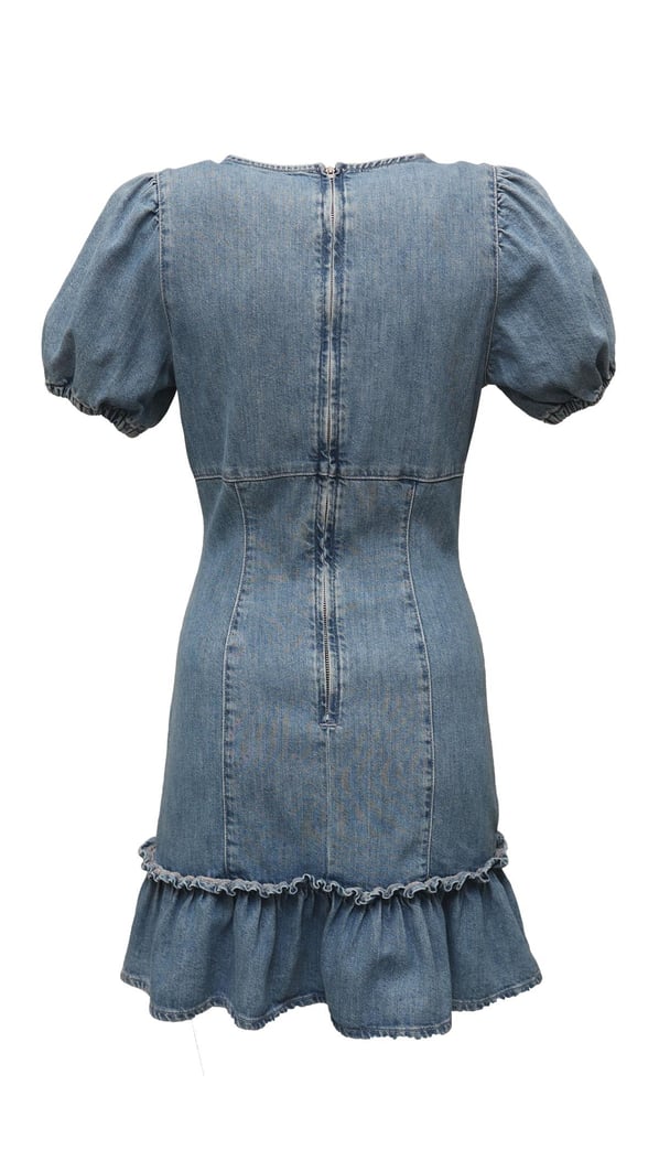 Premium Seri V Yaka Balon Kol Mavi Denim Elbise