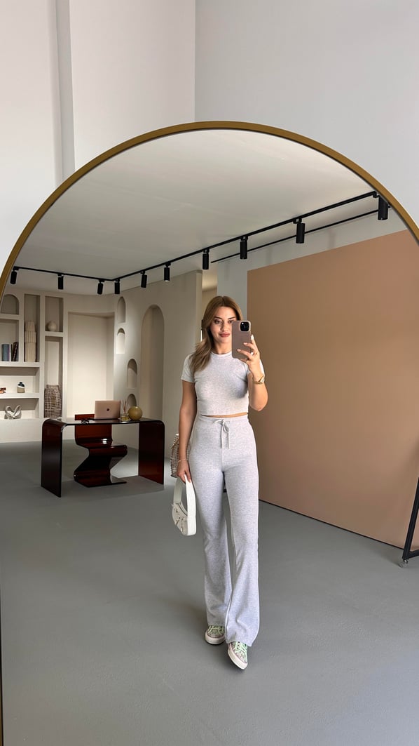 Premium Seri Yüksek Bel İspanyol Paça Pantolon Crop Melanjlı Gri Takım