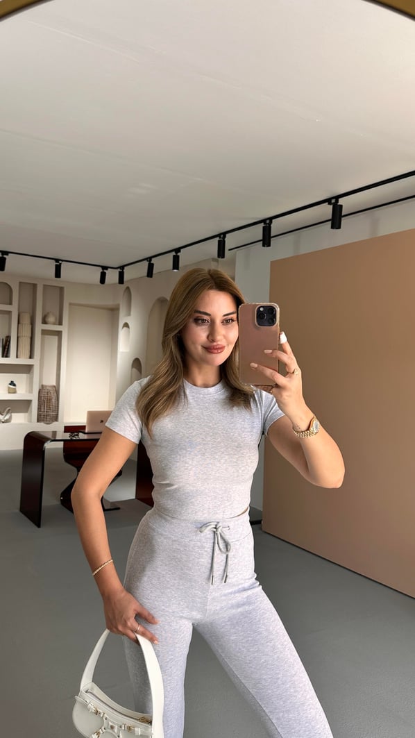 Premium Seri Yüksek Bel İspanyol Paça Pantolon Crop Melanjlı Gri Takım