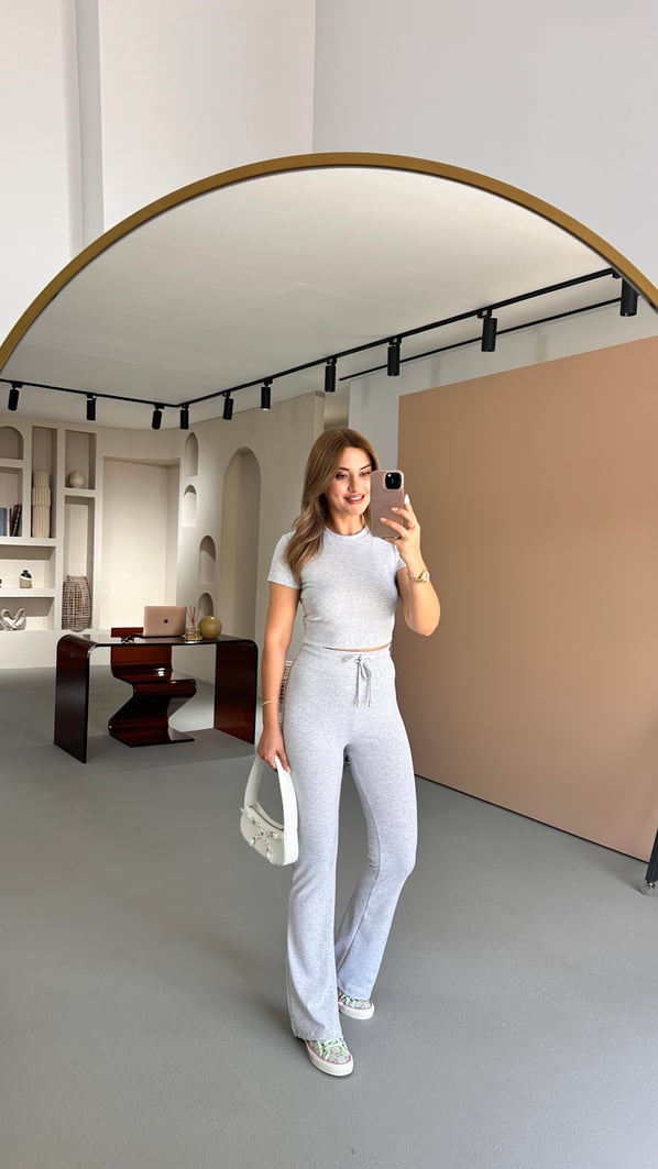 Premium Seri Yüksek Bel İspanyol Paça Pantolon Crop Melanjlı Gri Takım