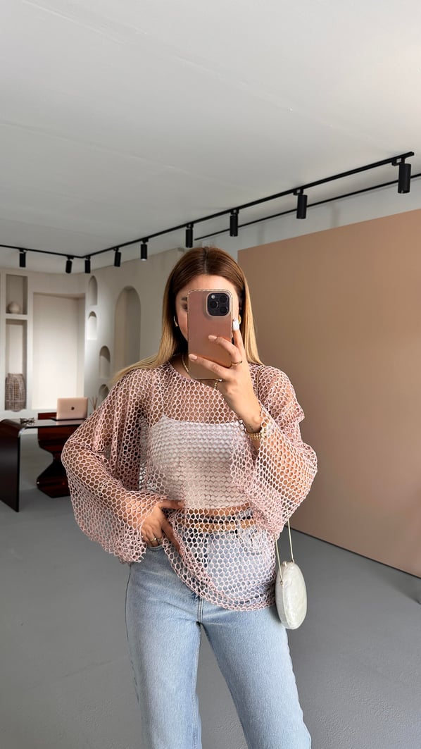 Pudra Oversize Simli File Bluz